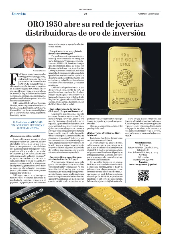 Página 20 de la revista CONTRASTE de octubre de 2026 con la entrevista a Germán Muñoz, de Oro 1950