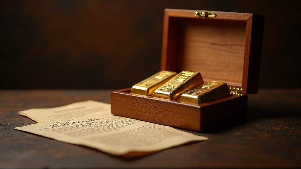 Lingotes de oro con caja de madera y documentos, concepto de legado