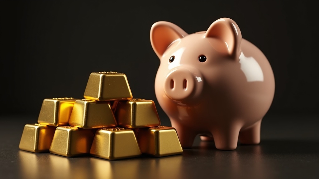 Lingotes de oro junto a hucha, concepto de ahorro para la jubilación