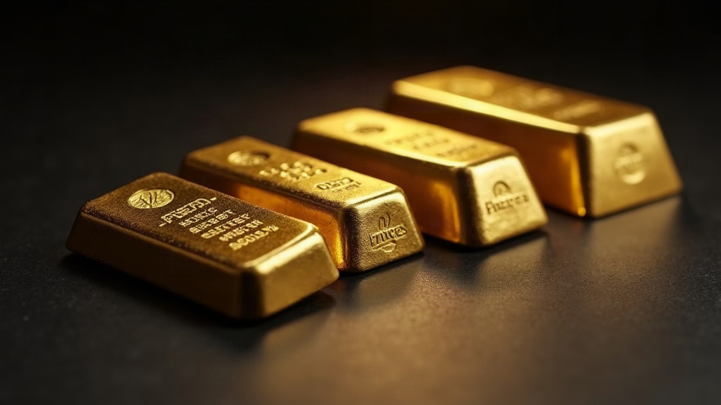 Lingotes de oro de inversión de distintos tamaños ordenados sobre una superficie oscura