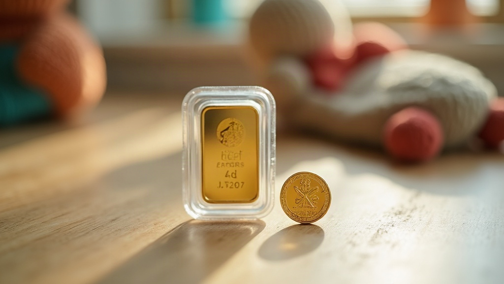 Moneda y lingote pequeño de oro guardados como ahorro para un hijo